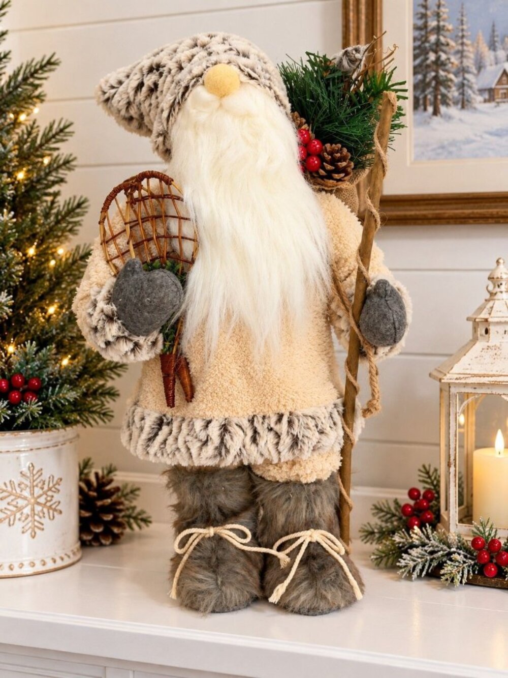 18" Santa Gnome Christmas Figure Woodland Nordic Snowshoes Staff Fur Trim
